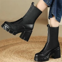 winter platform pumps women genuine leather high heel motorcycle boots female high top round toe fashion sneakers casual shoes