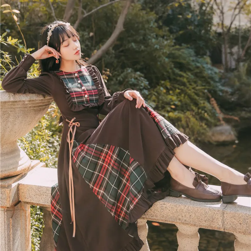 

Women Corduroy Plaid Dresses Cottagecore Summer Spring High Waist Ruffles Dress 2021 Woman Vintage Clothes New Brown Streetwear