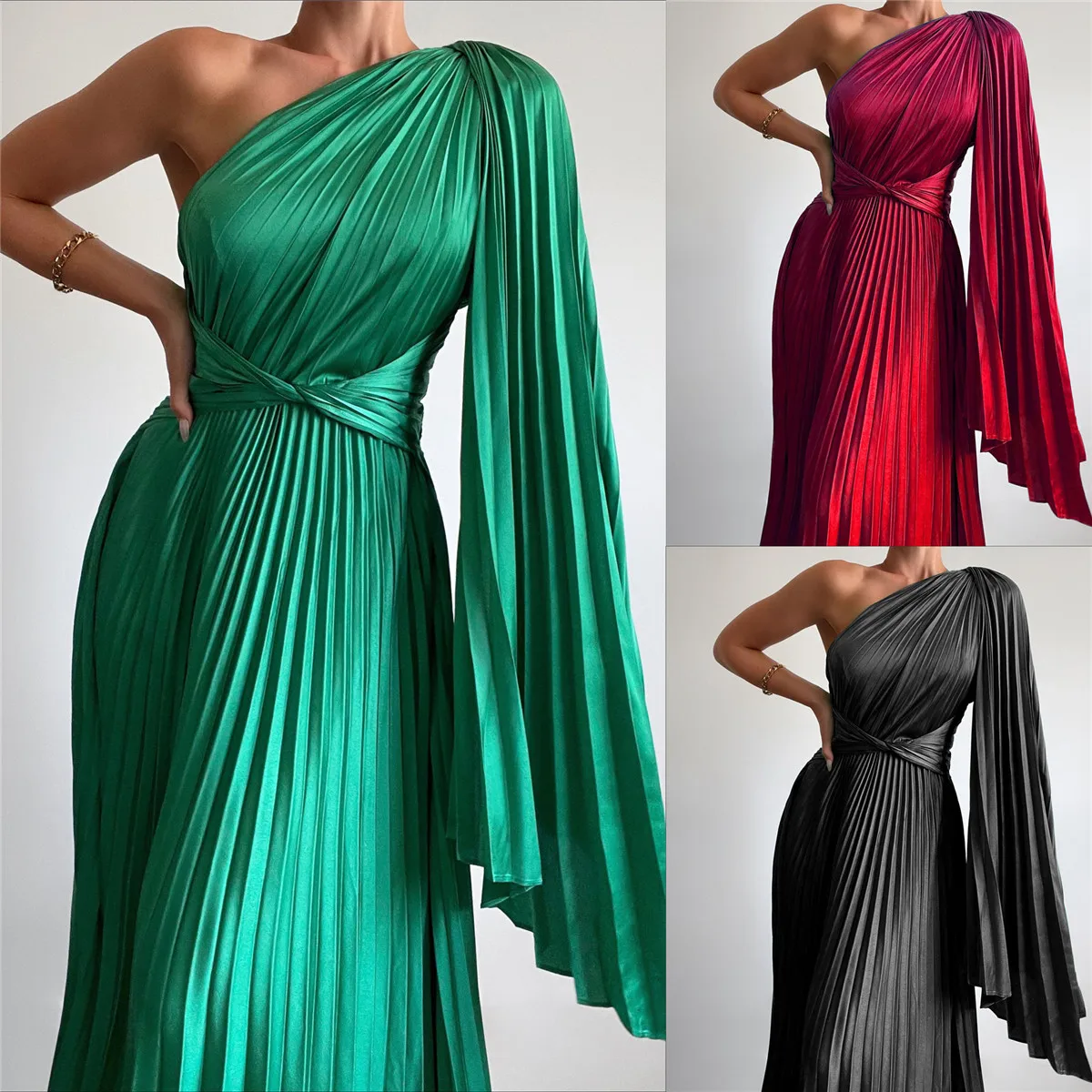 

New diagonal shoulder pleated casual girdling irregular dress INS loose holiday party long women's dress