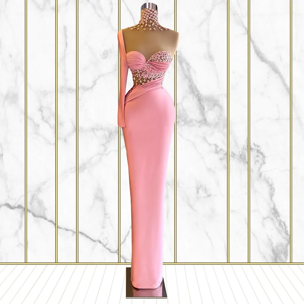 

Pink Prom Dresses Sheath One-shoulder Long Sleeves Satin Long Prom Gown Saudi Arabia Dubai Black Girls Evening Dresses