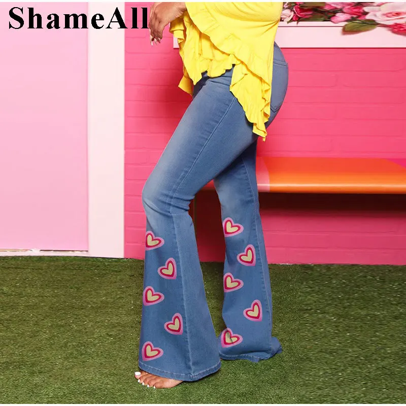 

Plus Size Melody Vintage Blue Sweet Heart Print Flare Denim Pants 3XL Indie Aesthetic Bell Bottoms Jeans Women Wide Leg Trousers