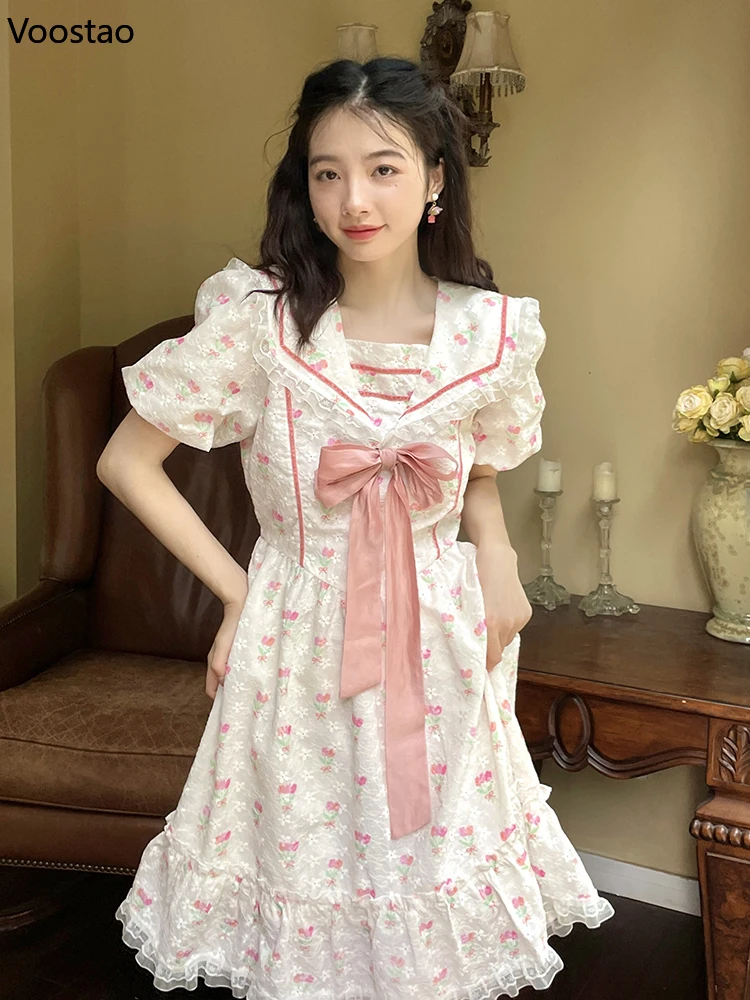 

Summer Sweet Lolita Style Princess Dress Women Elegant Floral Print Puff Sleeve Mini Dresses Girly Sailor Collar Bow Vestidos
