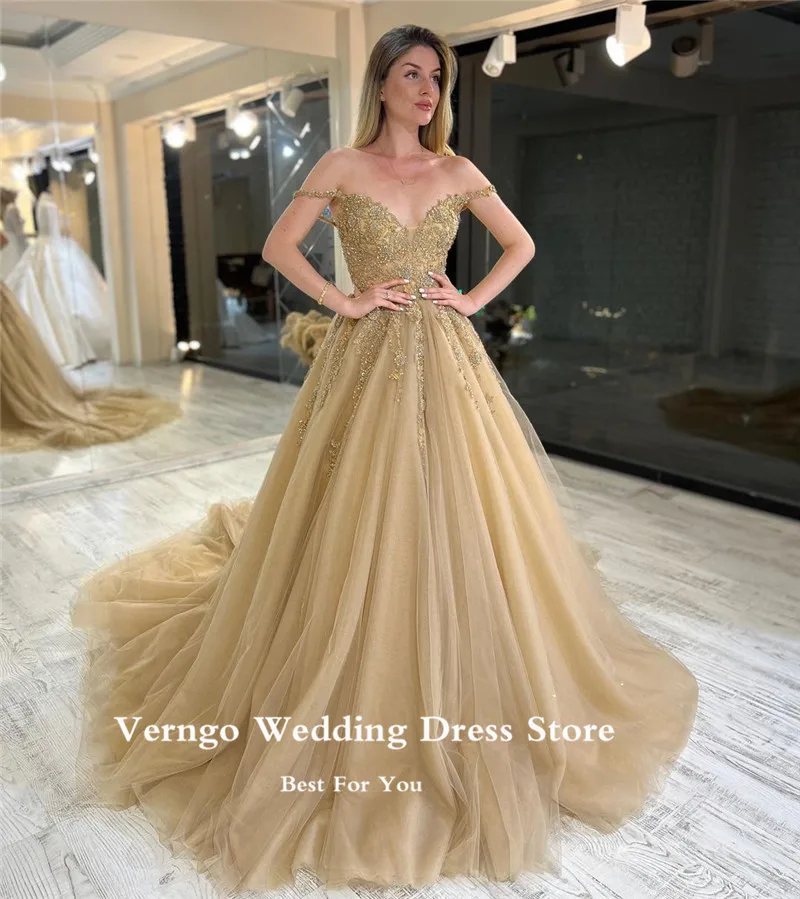 

Verngo Champagne Tulle Long Evening Dresses Off the Shoulder Lace Applique Beads Arabic Dubai Women Prom Formal Bride Dress