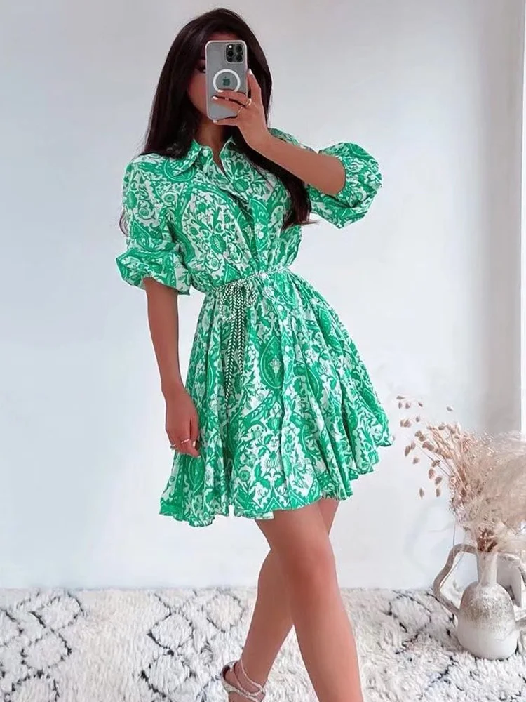 

TRAF 2022 Print Shirt Dress Women Green Ruffle Short Dress Woman Summer Casual Female Dress Long Sleeve Pleated Dresses Ladies