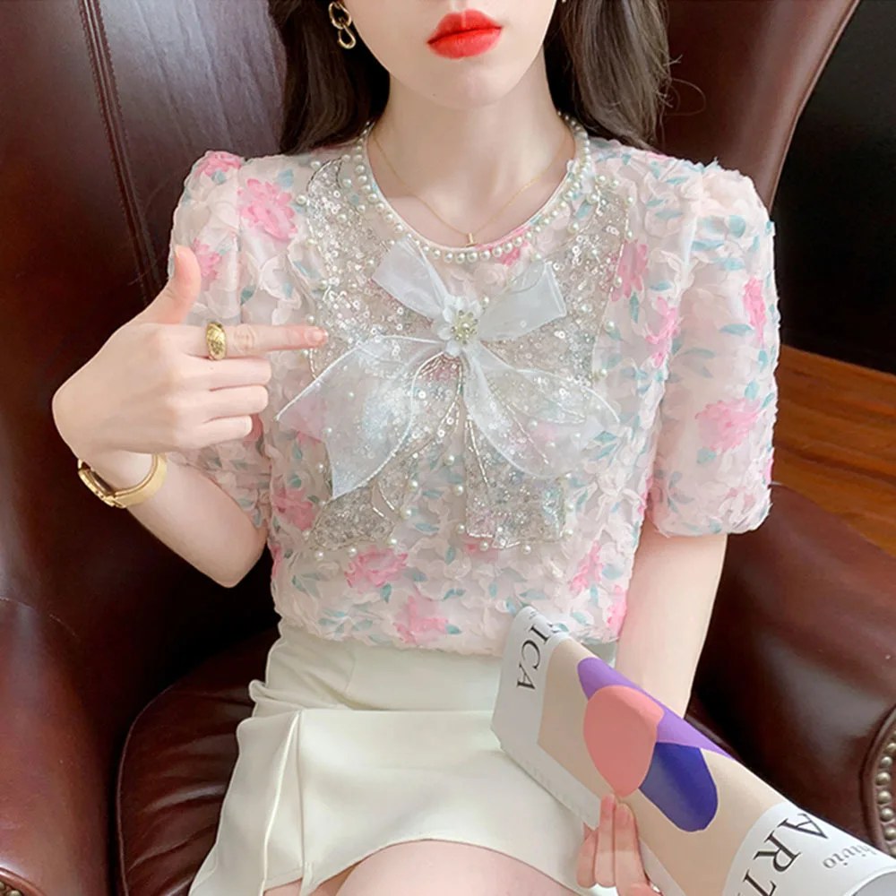 

Summer Vintage Bow Bead Office Chiffon Blouse Female Shirt O-Neck Tops Puff Sleeve Casual Korean Women Loose Blouses
