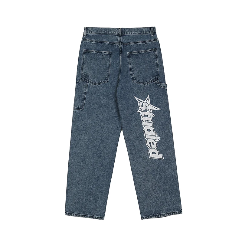 Men and Women Straight Harajuku Oversize Streetwear Denim Trousers Retro Pockets Letter Embroidery Ripped Casual Jeans