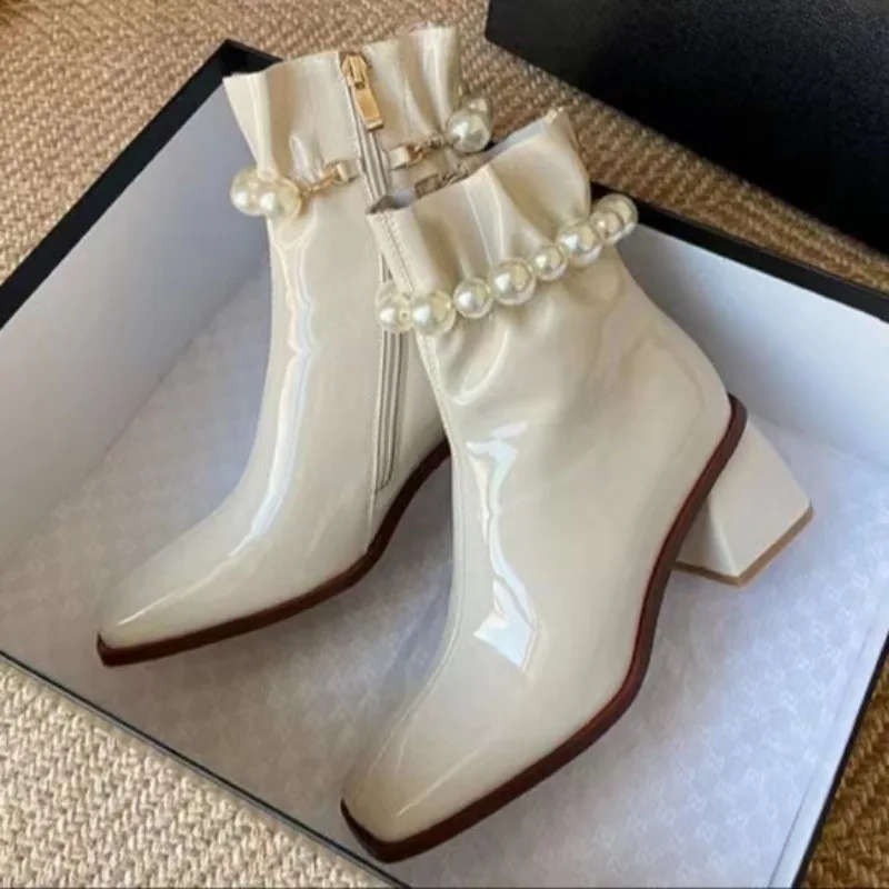 

Genuine Leather Boots Women Pearl Square Head Ankle Boots Thick with Short Boots Female 2023 Boots Women