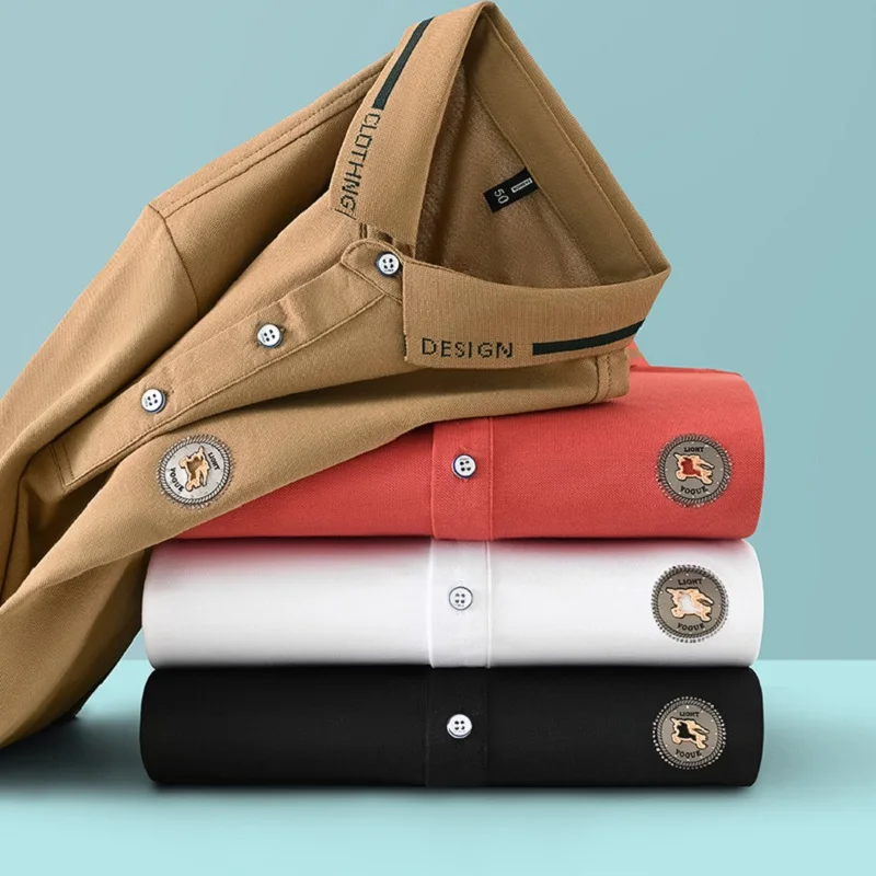 

Рубашка-поло мужская с вышивкой, тонкая блуза из хлопка, деловая Повседневная однотонная одежда, топы, футболки, весна-лето