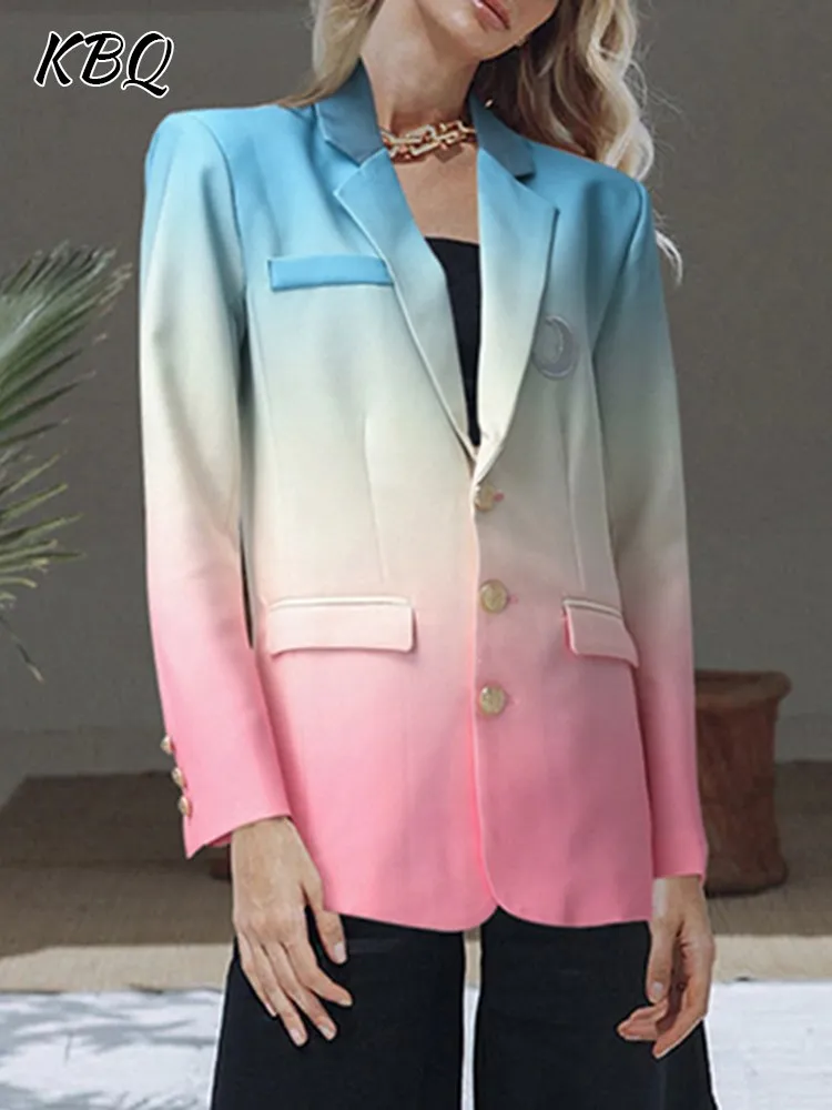 

KBQ Colorblock Gradient Blazers For Women Notched Collar Long Sleeve Single Breasted Elegant Casual Coats Female Fashion Autumn