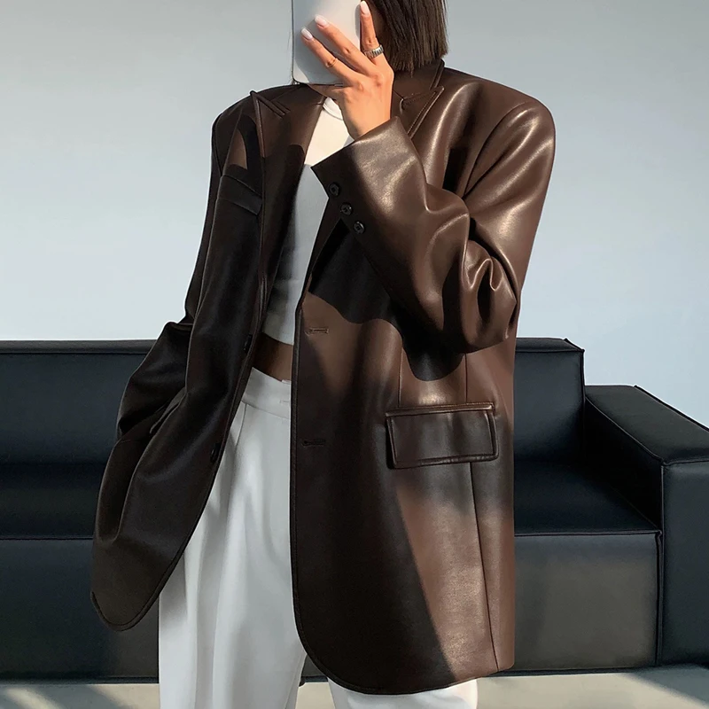 Женский Однобортный блейзер из натуральной кожи кофейного цвета