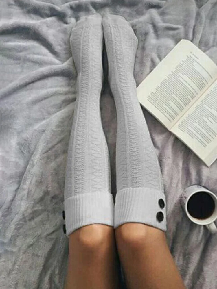 

Winter Warm Knee Stockings Women Over The Knee With Buttons Cotton-Blend Boot Socks Solid Thigh-High Crimping Socks