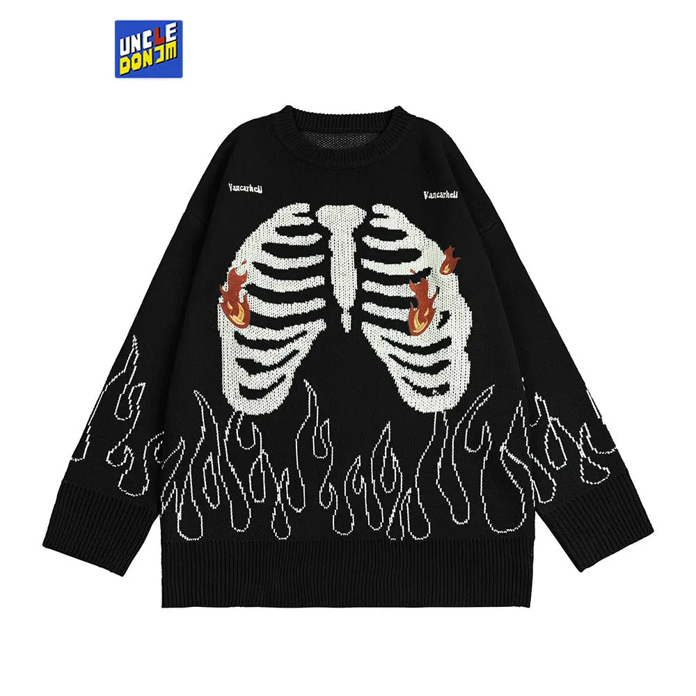 

Flame knit sweater pullover ripped vintage sweater men clothes harajuku knitted sweater distressed sweaters for men y2k clothes