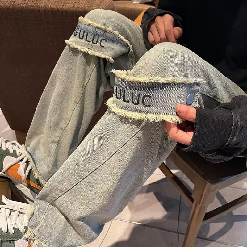 DEEPTOWN Embroidered Straight Jeans Men Vintage Fashion Denim Wide Leg Pants Streetwear Ribbons Loose Casual Retro Spring Washed