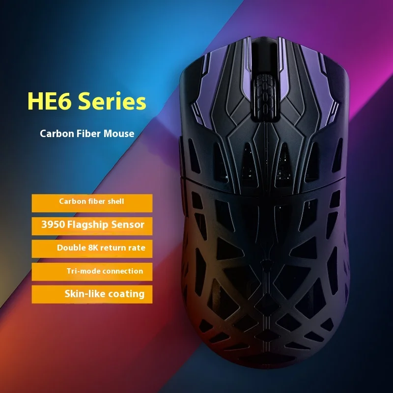 Фото Беспроводная игровая мышь IROK HE6 Ultra Tri Mode с сенсором Paw3950, частотой 8000 Гц, из углеродного волокна, легкая, для Valorant, CS2, аксессуар для ПК №3