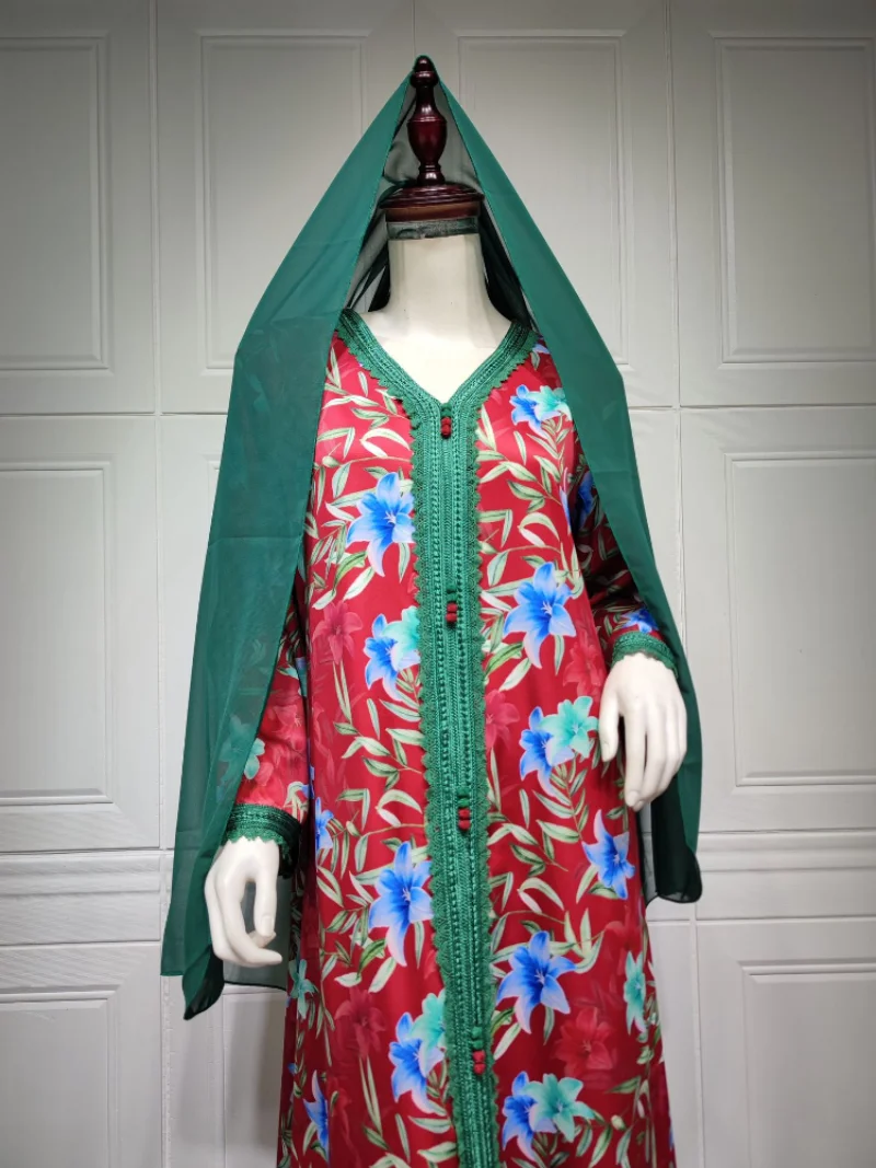 Eid Muslim Women Abaya Morocco Party Dress Abayas Floral Print Elegant Prayer Long Sleeve Robe Ramadan Musulman Maxi Vestidos