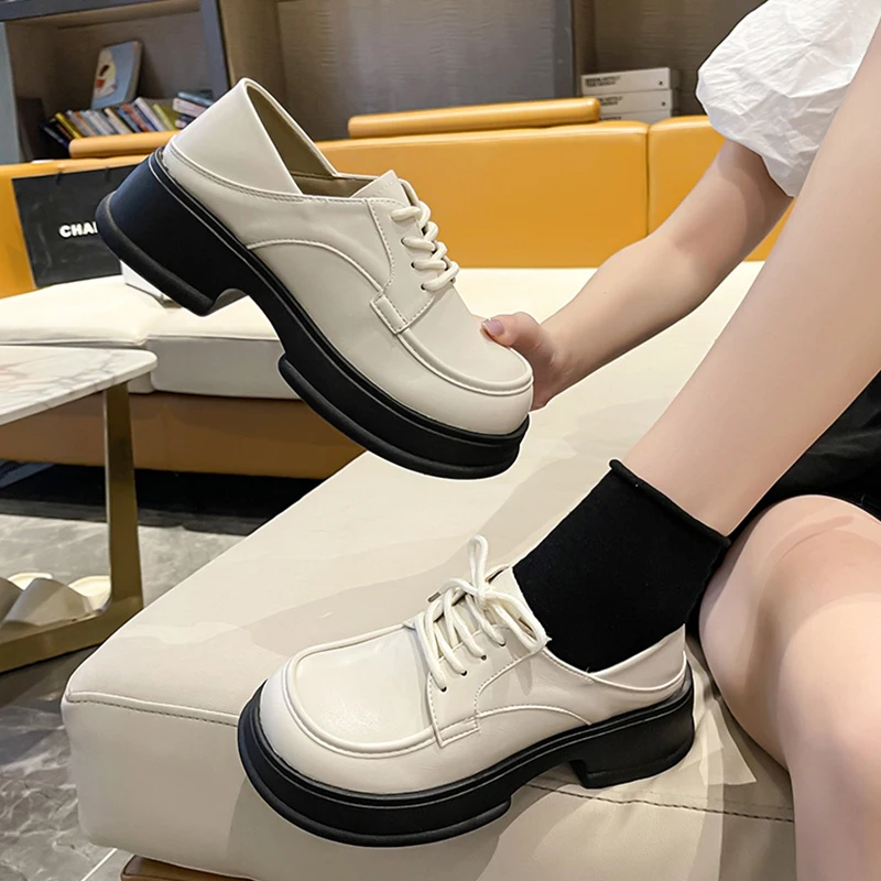 

Shoes Women's Sneakers With Platform Woman-shoes Thick Sole Roses Heels Black 2022 Lace-Up Mary Janes Med Retro Cross-tied Rubbe