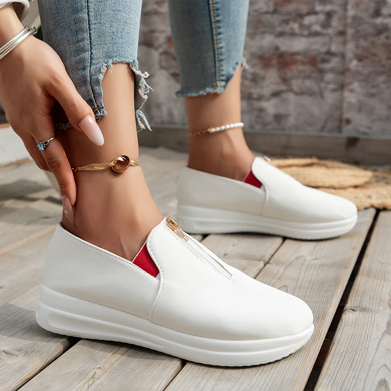 Fashion Front Zipper Wedge Sneakers Running Loafers Tennis Women Vulcanized Shoes