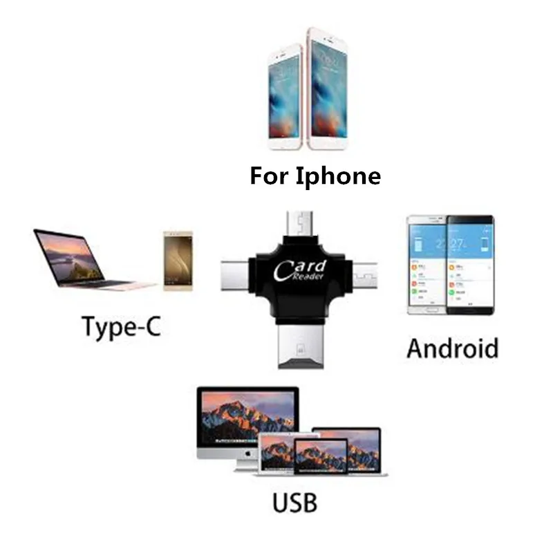 4 в 1 Type-c/8pin/Micro USB/USB 2 0 устройство для чтения карт памяти Micro SD Android Ipad/iphone 7plus 6s5s OTG