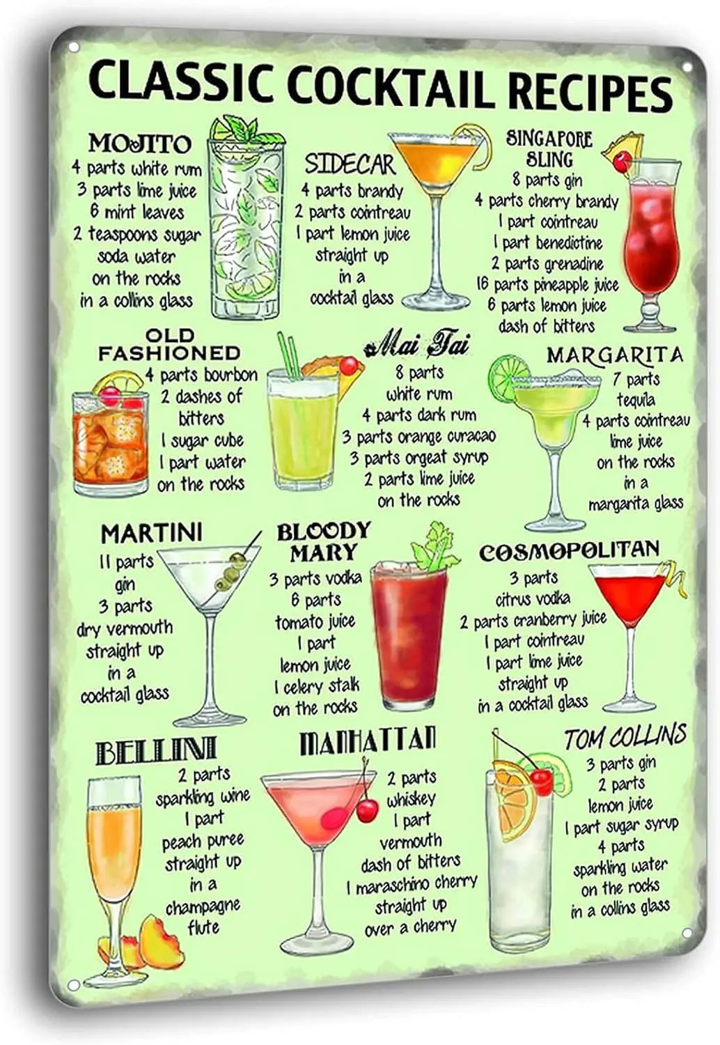 Clssc Cocktl Recpes Vntge Tn Sgn Br Club Mn Cve Pub Metl Wll Decor 8x12 nches