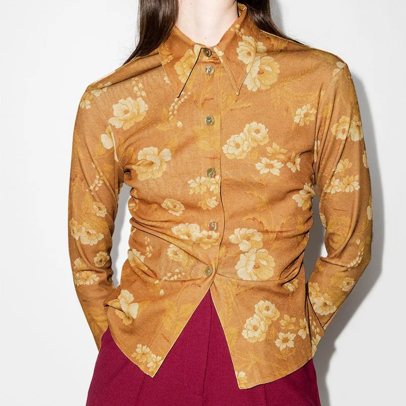 

N @ NUSHKA весенне-летняя повседневная однобортная рубашка с отложным воротником с плиссированной талией и длинными рукавами с принтом женская блузка