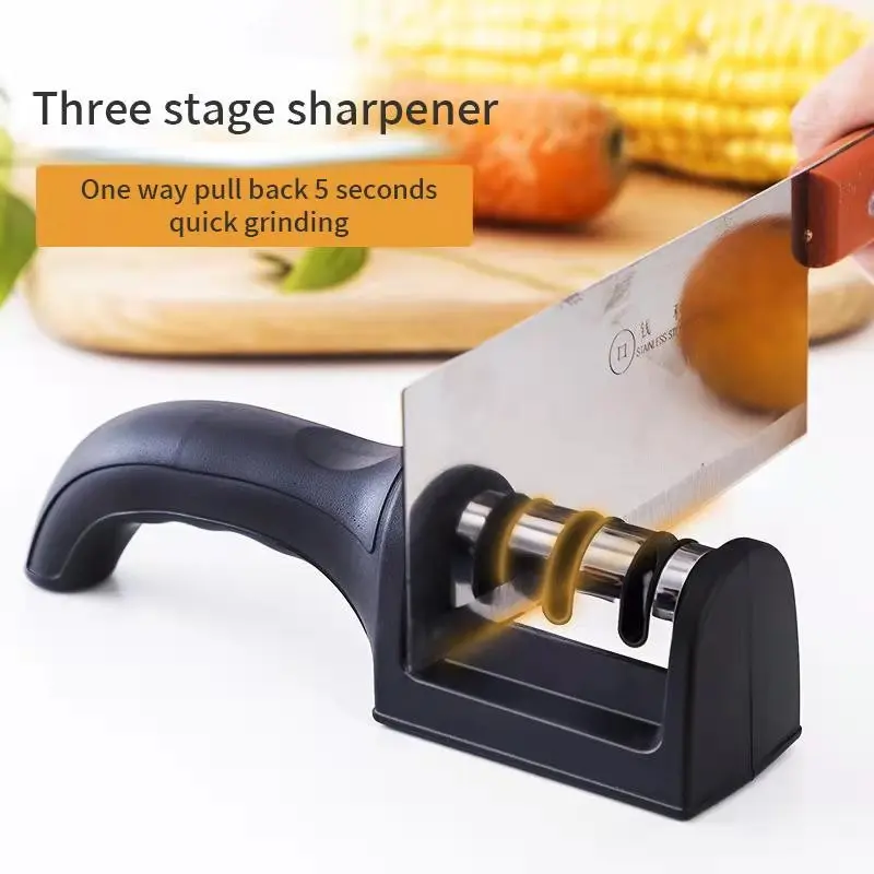 

3-Segment Knife Sharpener Knife Household Multi-Functional Hand-Held Three-Purpose Black Sharpening Stone Kitchen Gadgets