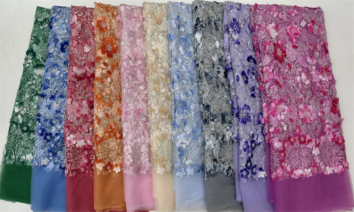 Французская кружевная ткань с 3D цветами и блестками 2024 Высококачественная