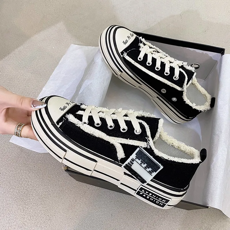 

New Flat Thick Sole Casual Shoes Women Round Toe Canvas Lace Up Platform Sneakers Spring Autumn Comfort Walk Shoes Unisex Tenis