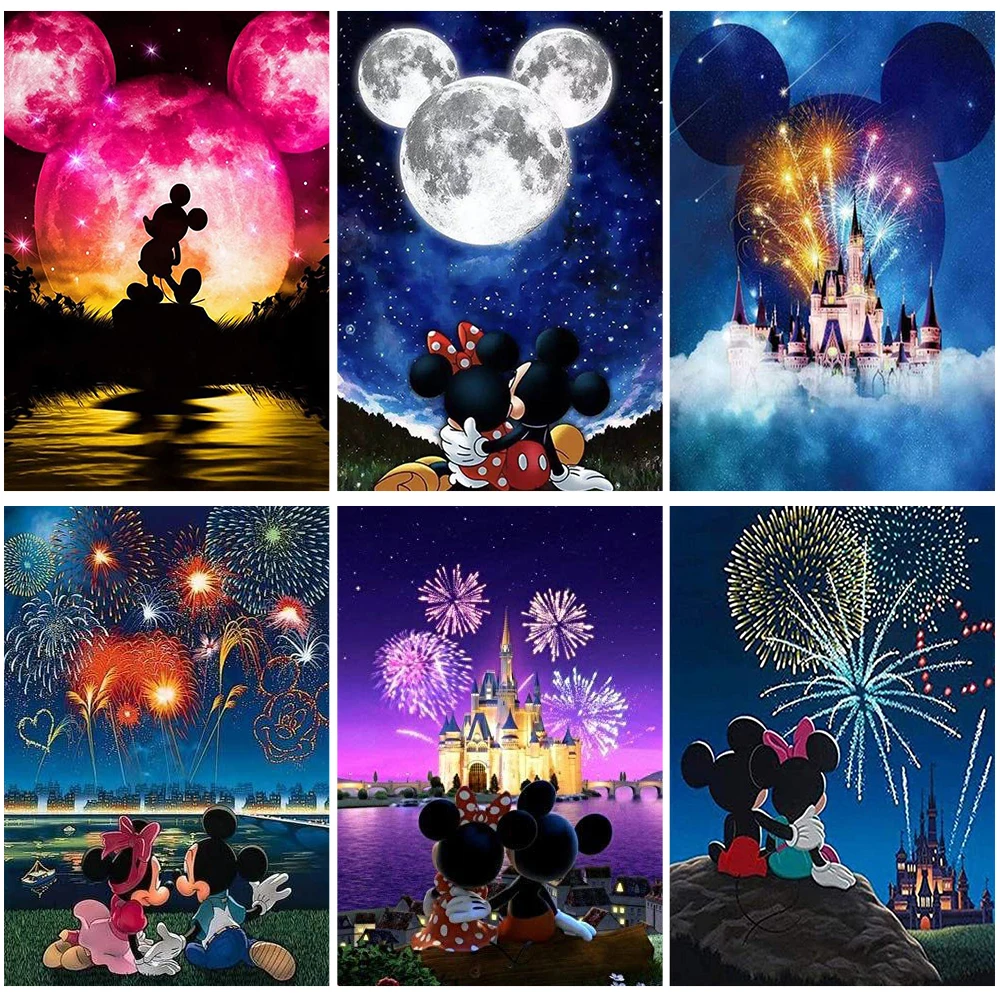

Алмазная 5D картина Disney, вышивка, мультфильм Минни, Микки Маус, замок, луна, полная выкладка, мозаика, вышивка, домашний декор