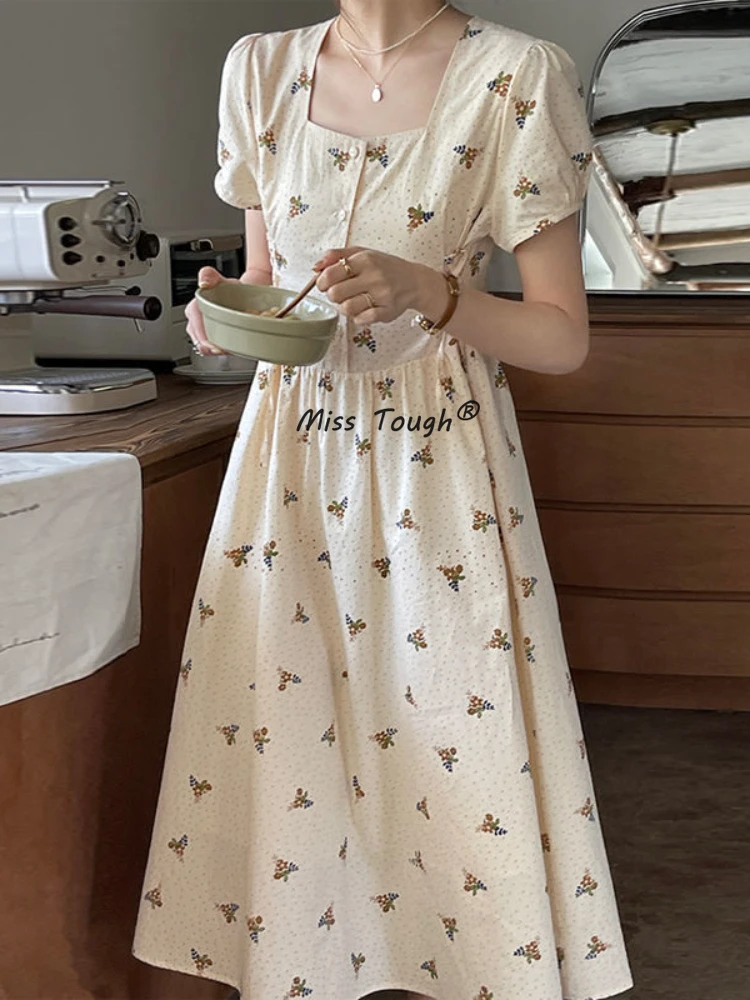 

Summer Floral Print Retro Dress Women Casual Korean Fashion Party Midi Dresses Female Chiffon Beach Holiday Vintage Dress 2022
