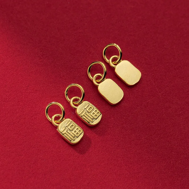 S925 Plain Silver Electroplated 18K Gold Small Square Brand Fuzi Pendant Handmade DIY Hand String Woven Rope Pendant