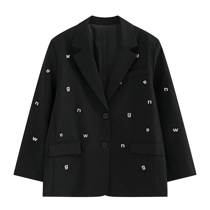 Heavy-Duty Letter Rhinestone Black Suit Jacket for Women Spring Autumn Leisure 2023 New High-Grade Suit Blazer Coat Top Commuter