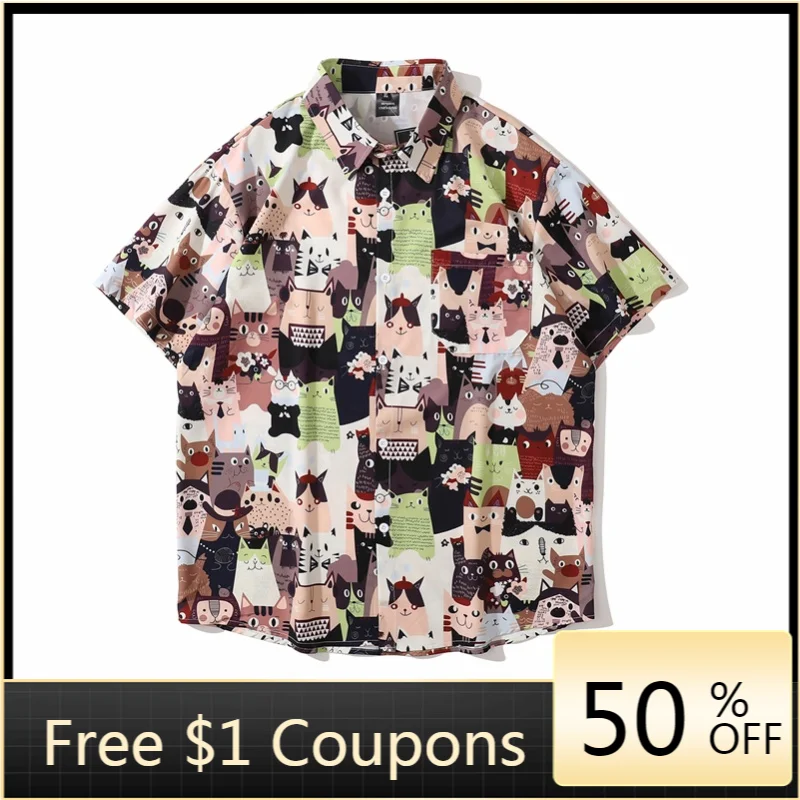 

Cartoon Cat Full Printed Shirt Short-sleeved Men and Women Summer Thin Section Fun Hip-hop Vacation Leisure Shirt Men Shirts
