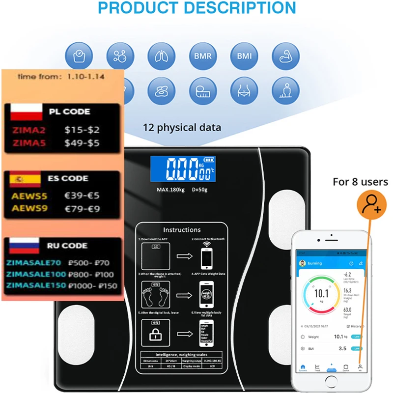 

1PC Bluetooth Smart Body Fat Scales LED Digital Weight Scale BMI Body Composition Analyzer With Smartphone APP