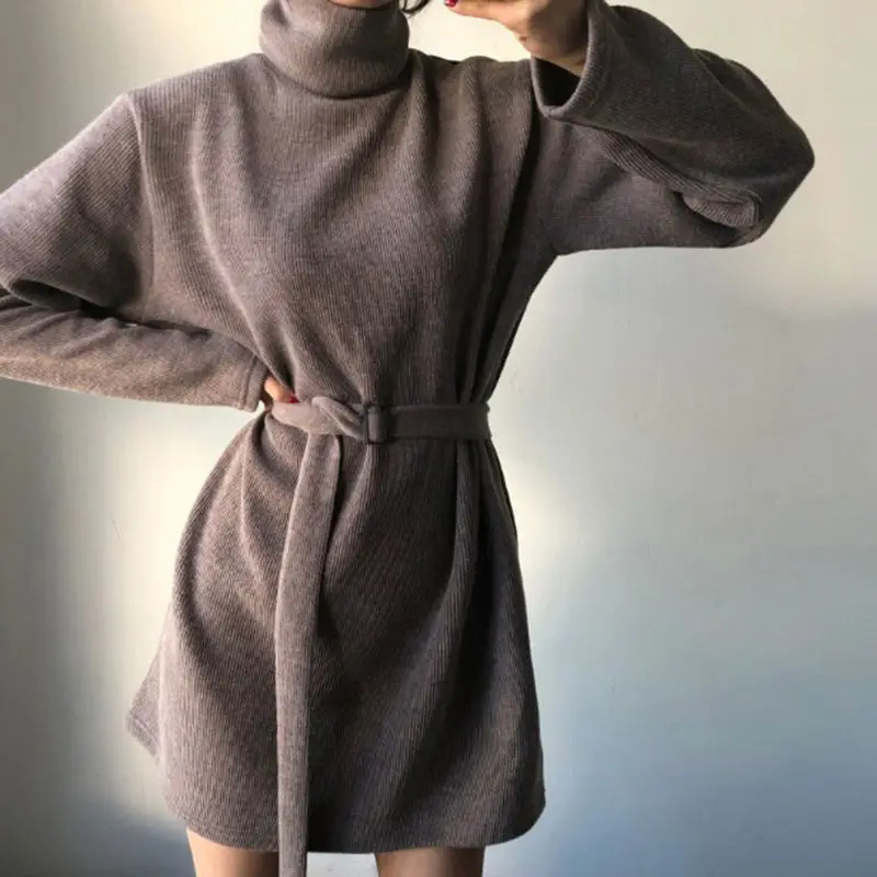 

Autumn Winter Elegant Midi Dress for Women Purple/Black Stand Collar Knitting Long Sleeve High Waist Female Robe with Belt New