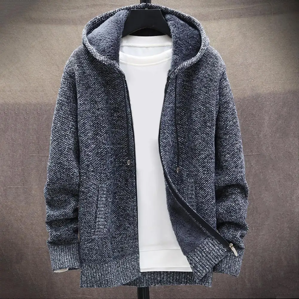 Men Cardigan Knitted Long Sleeve Men Cardigan Solid Color Hooded Zipper Closure Cardigan Sweater Male Outerwear