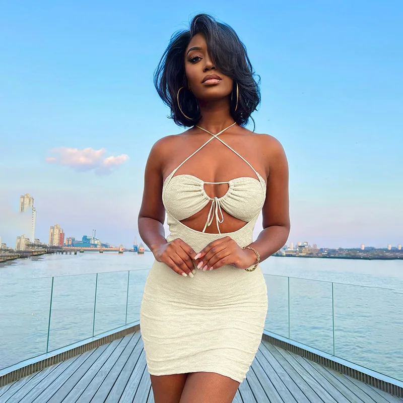 

Sexy Cut Out Backless Halter Mini Dresses for Women 2022 Vacation Beach Bodycon Dress Night Club Outfit Streetwear