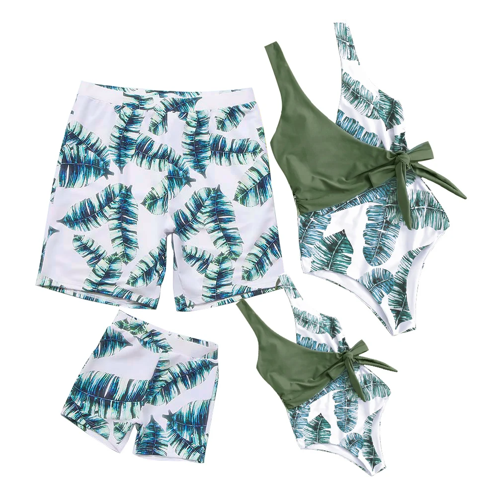 

2023 Семейные одинаковые купальники, купальник с листьями для мамы и дочки, Цельный купальник для мамы и дочки, одежда для бикини, Шорты для плавания для Отца и Сына