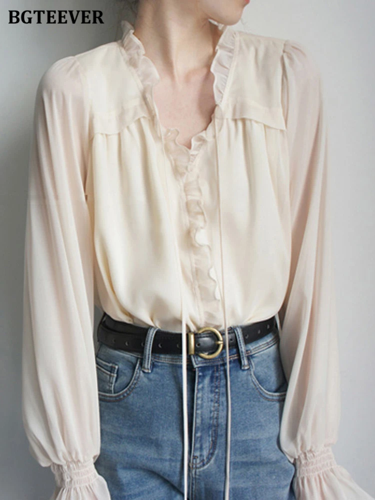 

Блузка BGTEEVER женская с V-образным вырезом, однотонная элегантная Свободная рубашка с оборками и завязками, с рукавами-фонариками, весна-лето ...