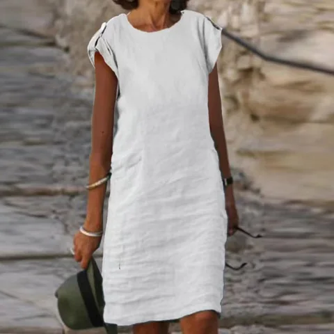 Retro Female Solid Cotton Linen Party Dress Spring Crew Neck Straight Midi Dress Summer Short Sleeve Button Women Dress Vestidos
