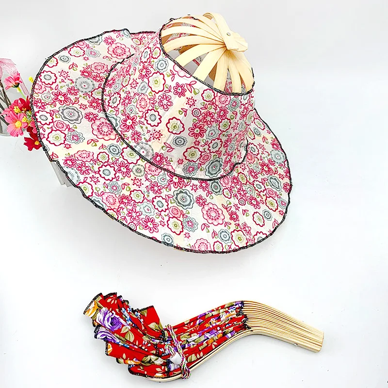 

Summer Folding Fan Cap Hand Held Folding Fans Traveling Caps for Women Girl Cool Sun Hat Bamboo Dancing Fan Floral Sunscreen Cap