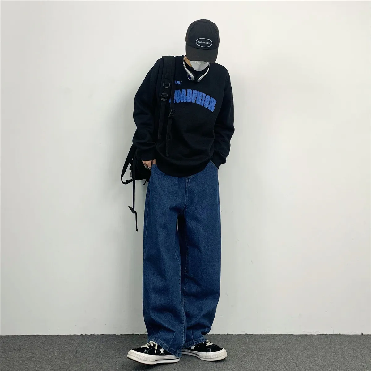 JEAN MAN Trendy Retro Wide Leg Dark Blue Straight Men and Women's Jeans High Street Jeans Men Loose Jeans Street Pants Y2k Pants