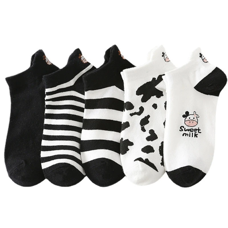 

5 Pair Cartoon Cow Animal Print Low Cut Boat Socks Women Cotton Tab Back Hosiery