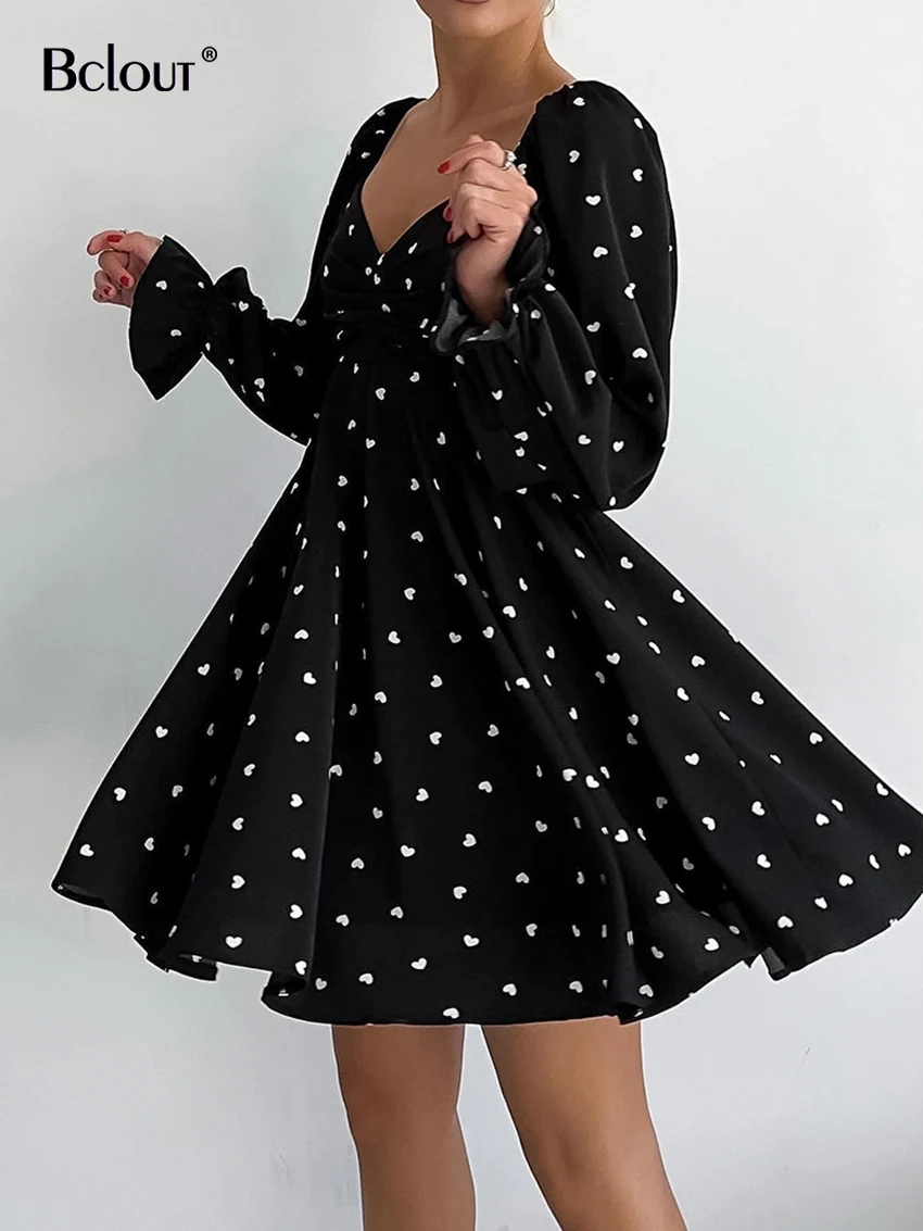 

Bclout Fashion Print Black Dress Women 2023 Autumn V-Neck Long Sleeve Office A-Line Dresses Elegant Loose Pleated Party Dresses