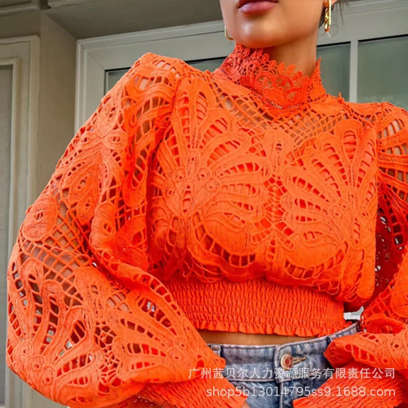 Рисунок 2 - Новинка 2023, оранжевая Кружевная футболка с вырезами