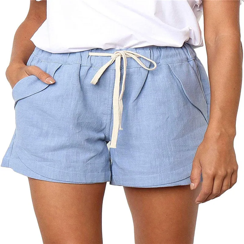 2023 Summer New Women's Simple Fashion Casual Cotton and Hemp Shorts Solid Color Pocket Drawstring Slim Fit Sexy Thin Beach Pant
