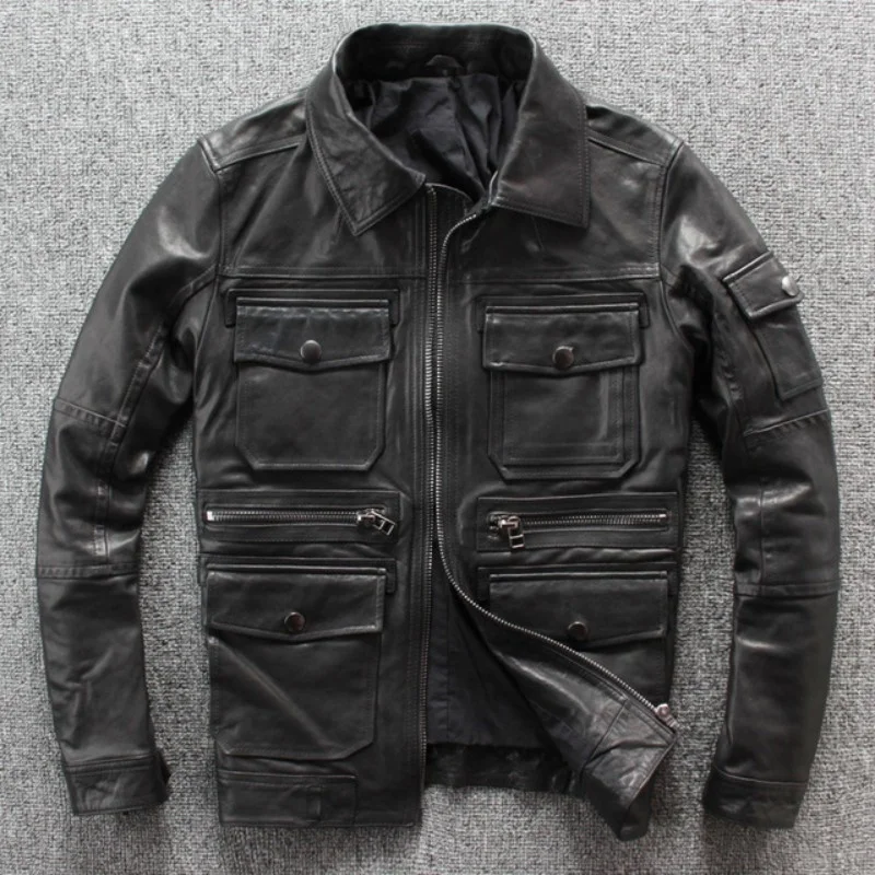 

2022 New new men's multi-pockets lambskin sheepskin cargo fine jacket genuine leather plus size motorcycle outwear
