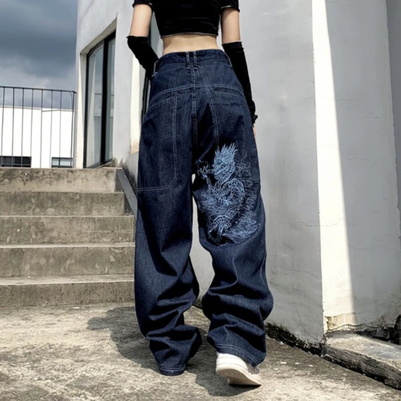 

Retro street loose Chinese dragon embroidery straight jeans daddy pants all-match high waist mopping wide leg trousers women