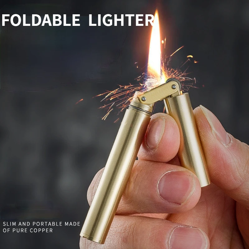 

Mini Protable Funny Slender Kerosene Oil Metal Lighter Fold Copper Cylinder Creative Retro Portable Gadget For Man