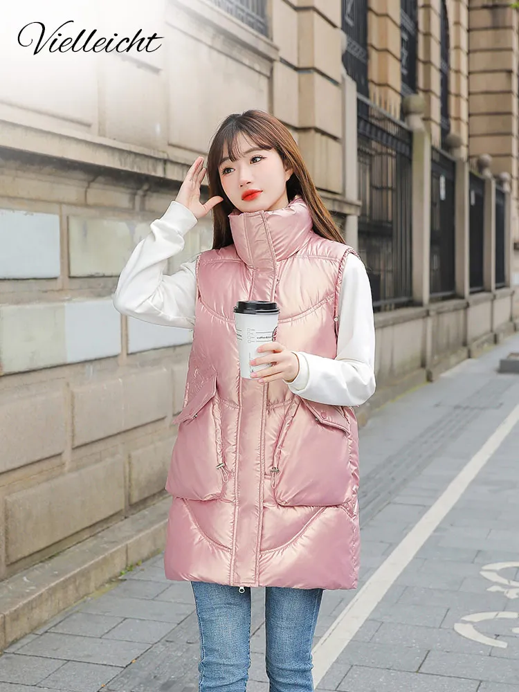 

Vielleicht New Stand Collar Long Vests Women Winter Fashion Coats Women Elegant Pockets Long Vest Female Ladies Winter Waistcoat