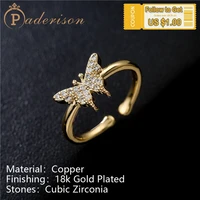 fashion simple lovely delicate zircon butterfly opening ring for women sweet cute adjustable ring copper 18k gold plated